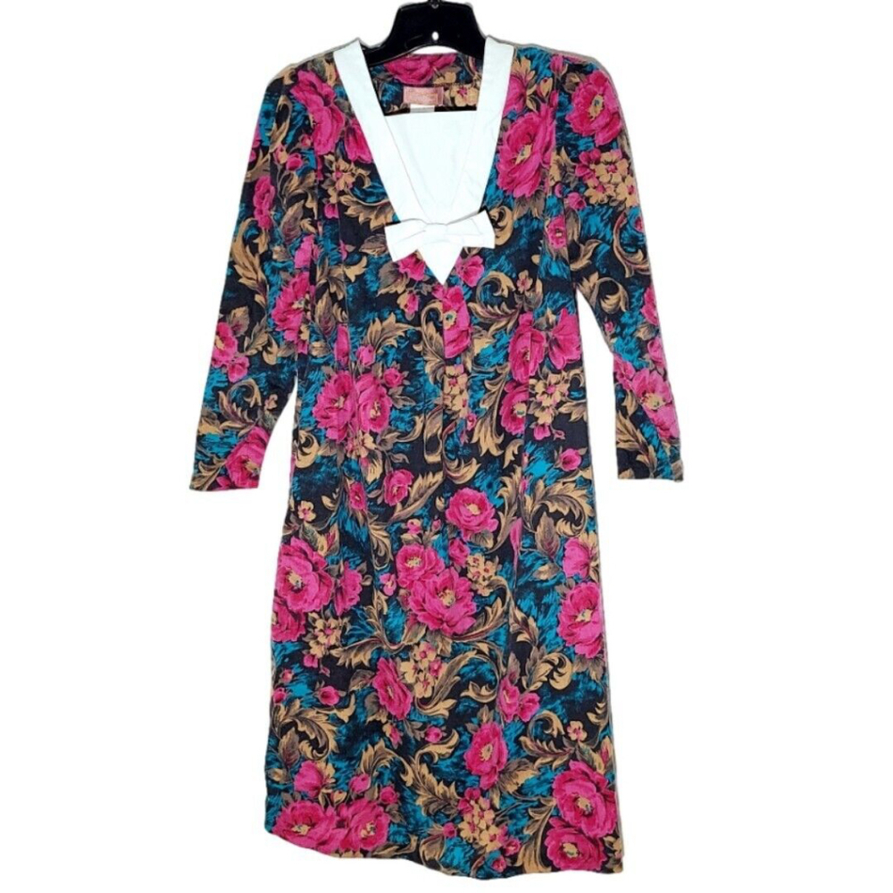 Vintage 1980s Multicolor Floral Worthington Church Dress Size 2 Petite